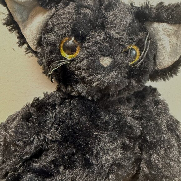 Black Plush Cat Stuffed Animal Yellow Eyes Embroidered Cozy Furry Kawaii Kitten - Picture 2 of 4
